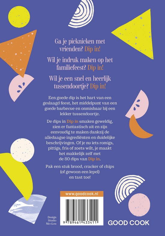 Achterkant van het boek 'Dip in' met tekst en decoratieve geometrische vormen.