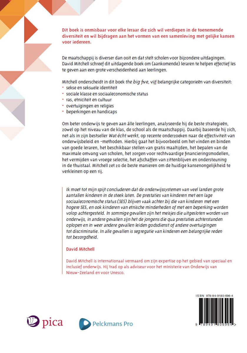 Achterkant van het boek 'Gelijke kansen in de school' met een korte samenvatting, auteursinformatie en ISBN.