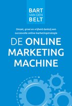Boekomslag met tekst 'De Online Marketing Machine' door Bart van den Belt, met tandwiel illustratie.
