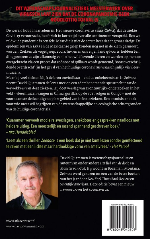 Achterkant van het boek Zoönose van David Quammen, met tekst over de inhoud en een foto van de auteur.