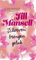 Boekomslag met de titel 'Scherven brachten geluk' in roze en zwarte letters. De achtergrond is roze met waterverf bloemen.