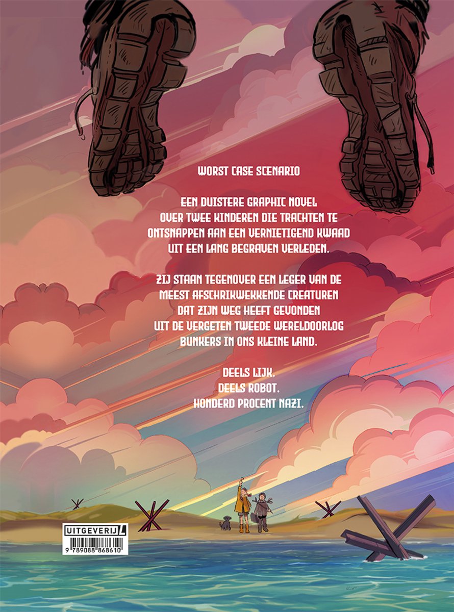 De achterkant van 'Worst Case Scenario' heeft een close-up van laarzen, terwijl de tekst en achtergrond van een graphic novel in rode en roze tinten worden getoond. Een kustlijn met kinderen en een hond is zichtbaar.