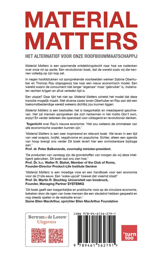 Boekomslag van 'Material Matters' met rode tekst op witte achtergrond, met o.a. auteurs Sabine Oberhuber en Thomas Rau.
