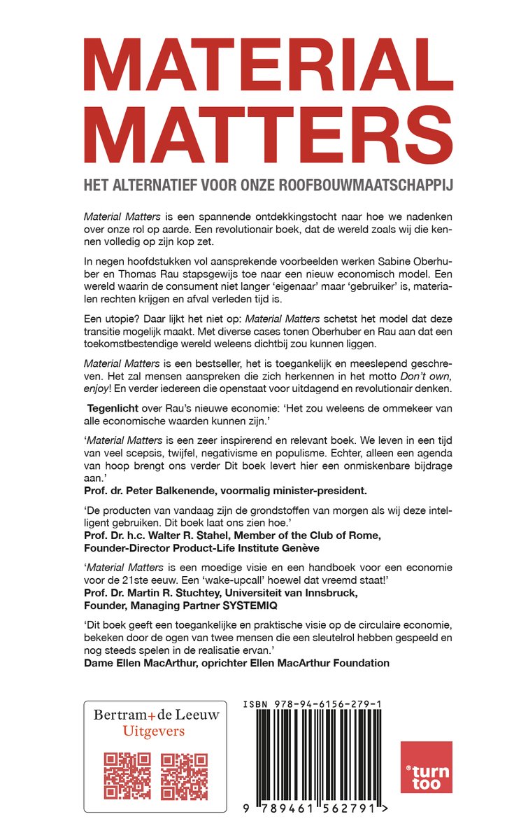 Boekomslag van 'Material Matters' met rode tekst op witte achtergrond, met o.a. auteurs Sabine Oberhuber en Thomas Rau.