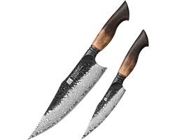 XinZuo Messenset 2-delig – X06 Mo Series – Koksmes & Groentemes – Damascus Staal – Gebrand Eiken Handvat – Professionele Keukenmessen