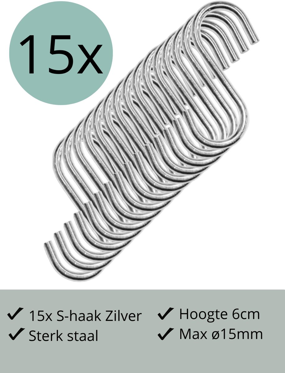 Leathergoodz - 15x S-haakjes Zilver - 6cm/klein - ø15mm - s-haakjes - ophanghaken - handdoekhaakje - S-haken