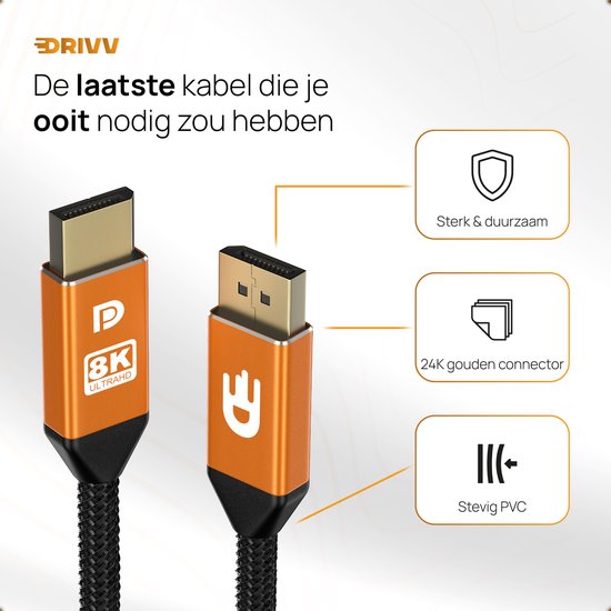 Drivv. Câble Displayport - 8K 60Hz – 4K 144 Hz - 32,4 Go/s - Displayport 1.4 - Câble DP - 2 mètres