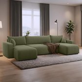 Canapé en U avec rangement Romee - Vert - Tissu Teddy - Assise en U - Canapé convertible avec rangement - Assise d'angle en U - Méridienne - Assise en U avec couchage - 4 places
