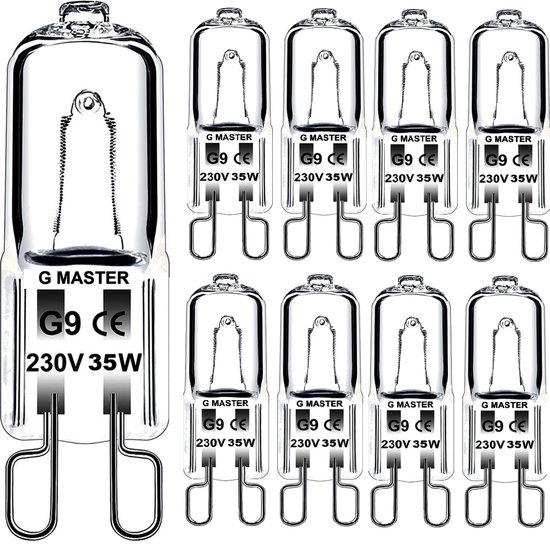 Tien G9 halogeenlampen, 230V 35W, met G MASTER-logo en CE-markering.