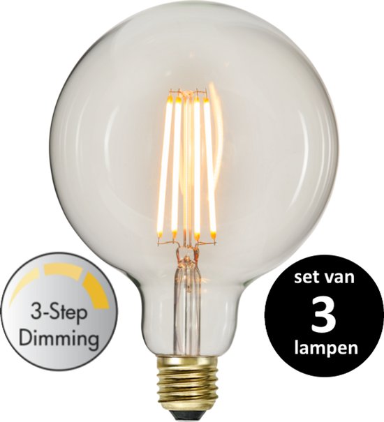 Grande ampoule globe G125 transparente avec 4 filaments LED, culot E27 doré et variateur 3 niveaux.