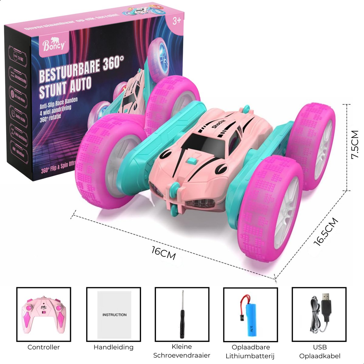 Boncy® Bestuurbare RC Auto Offroad - 360 Stunt Roze - Jongens Meisje Volwassenen - Speelgoed Binnen & Buiten - Afstandbestuurbaar Race Drift Car - Afstandsbestuurbaar Raceauto Accu - Stuntauto - Bestuurbaar Snel Elektrisch Autos Afstandsbediening — afbeelding 10