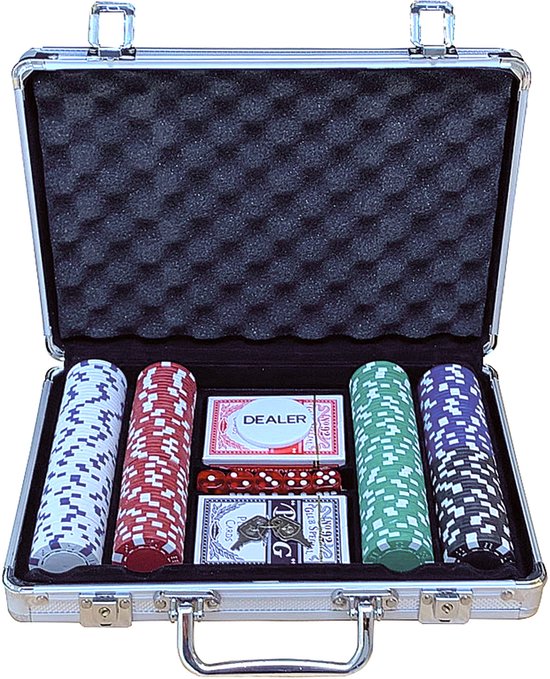 Mallette argentée avec jeu de poker : jetons, cartes, dés et clé.