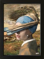 Kunstcadeau grappige kunst in het klein - Vermeer Meisje met de Parel in de Storm - ingelijst - 15x20cm
