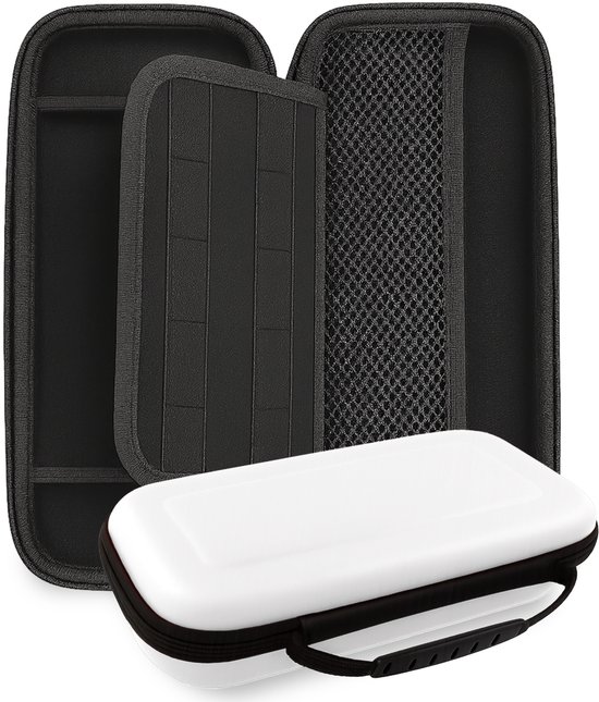 Wit hardcase hoesje geopend, met een zwarte binnenkant met opbergvakken.