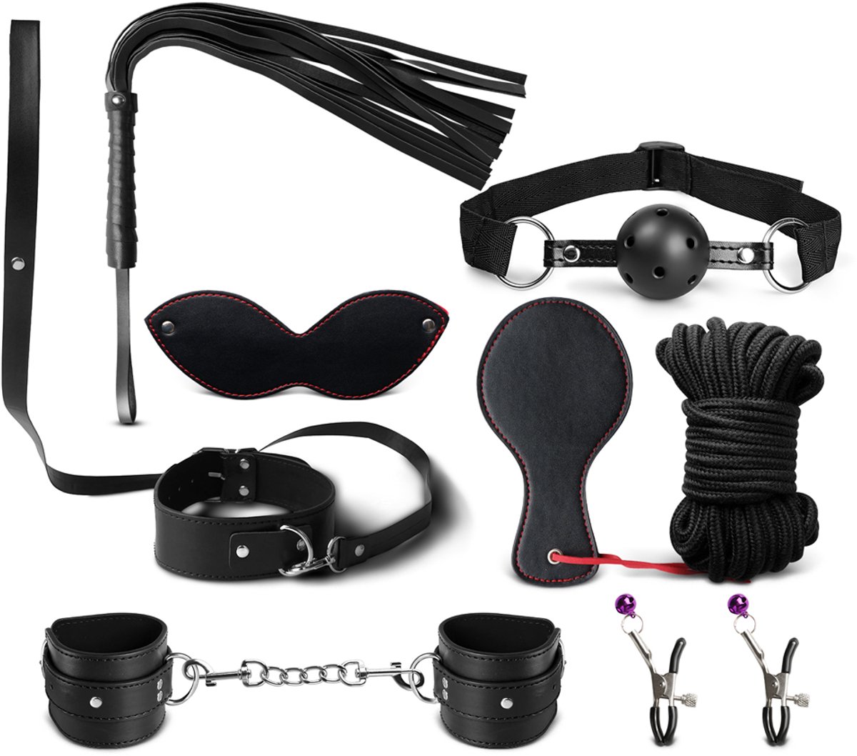 8-delige BDSM Set – Bondage Set voor Koppels – Met Masker, Touw, Handboeien, Paddle, enz – Zwart