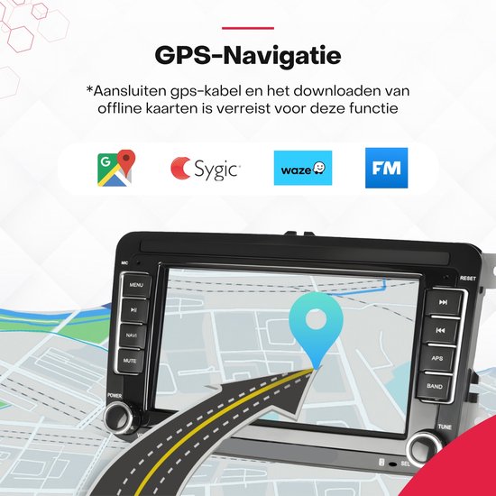 Multimedia systeem met GPS-navigatie, toont een kaart met een locatie-pin en weg, en de logo's van Google Maps, Sygic, Waze en FM. Met tekst "GPS-Navigatie".