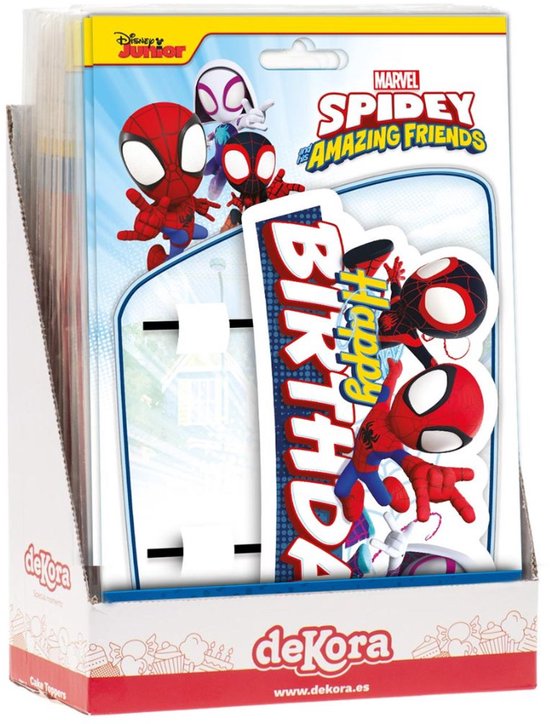 Décoration Gâteau Spidey Marvel Officielle - 17,5x15 Cm, Papier Plastifié, Baguettes Qualité Alimentaire - Pour Anniversaire Enfant - 10