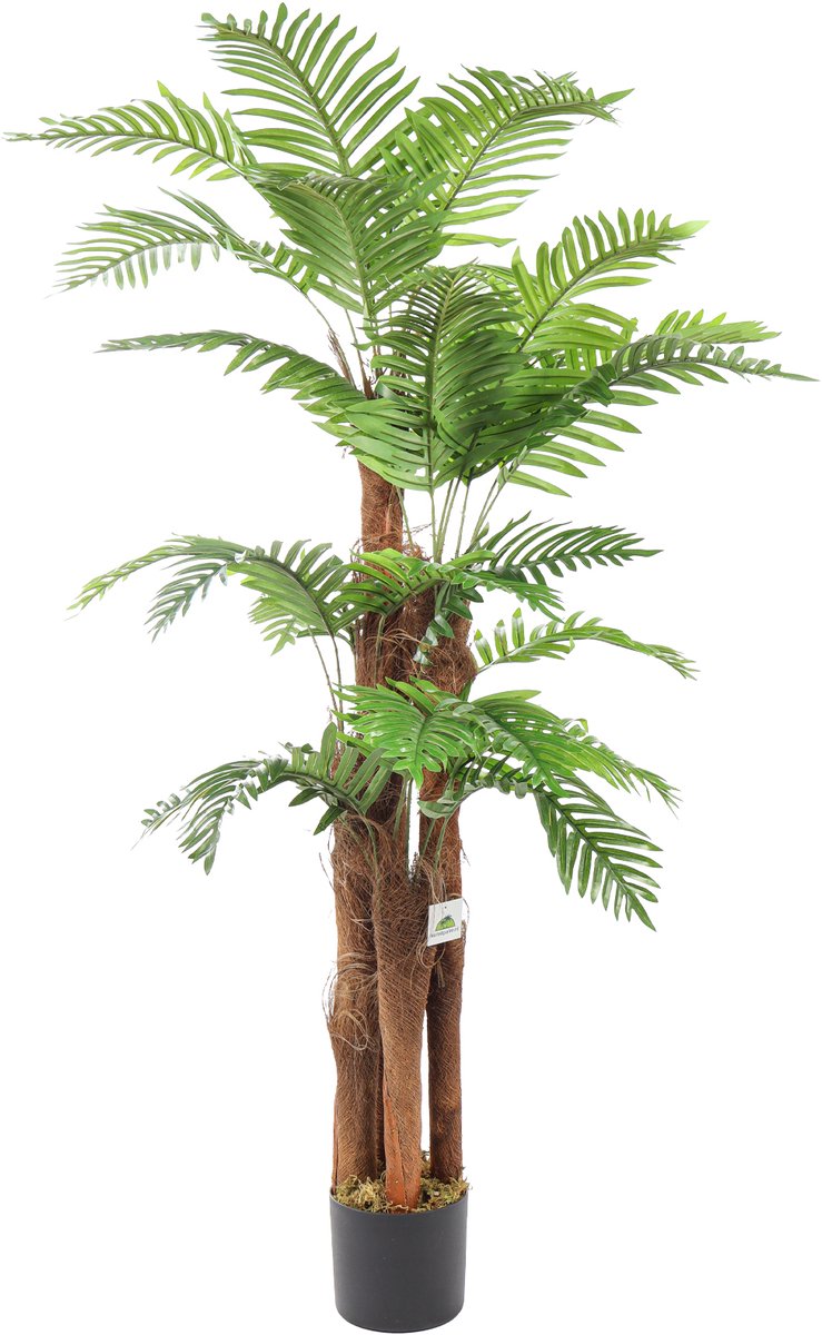 Kunstpalm Kunst Kokospalm 150 cm – Nep Palmboom met 4 Kokosstammen – Tropische Kunstplant Bermuda Donkerbruin