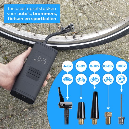 Digitale bandenpomp Oplaadbaar met 2000mAh-batterij, 120PSI draadloze autobandenpomp Luchtcompressor met LCD-scherm voor auto's, fietsen, motorfietsen, basketbal, voetbal enz.Als zaklamp en powerbank