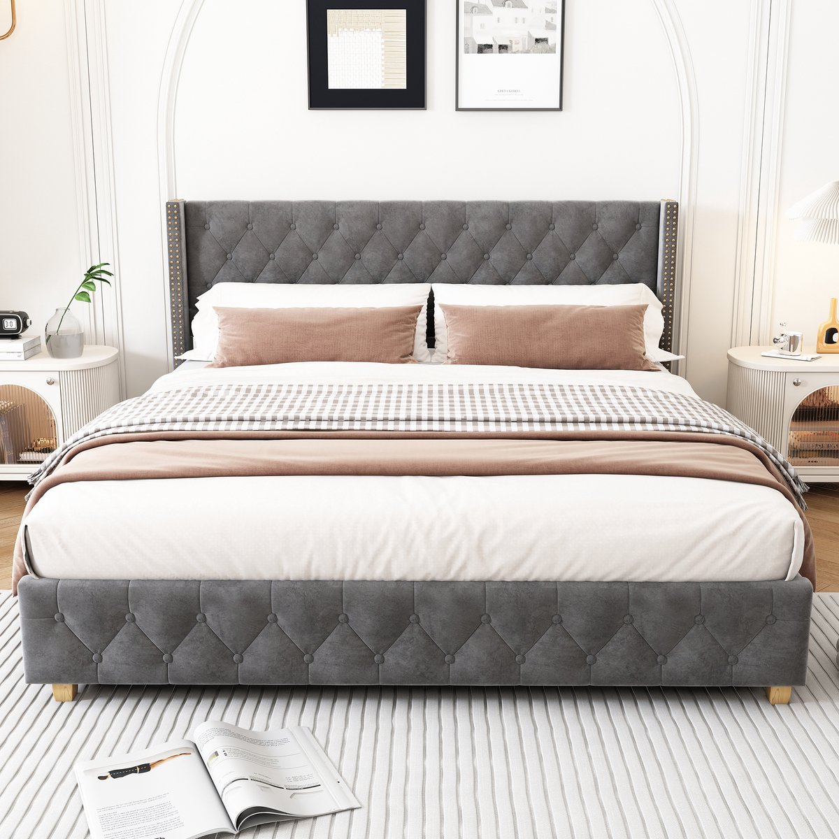 Merax 180 x 200 cm Gestoffeerd bed - Tweepersoonsbed - Houten poten - Zonder matras - Fluweel - Grijs