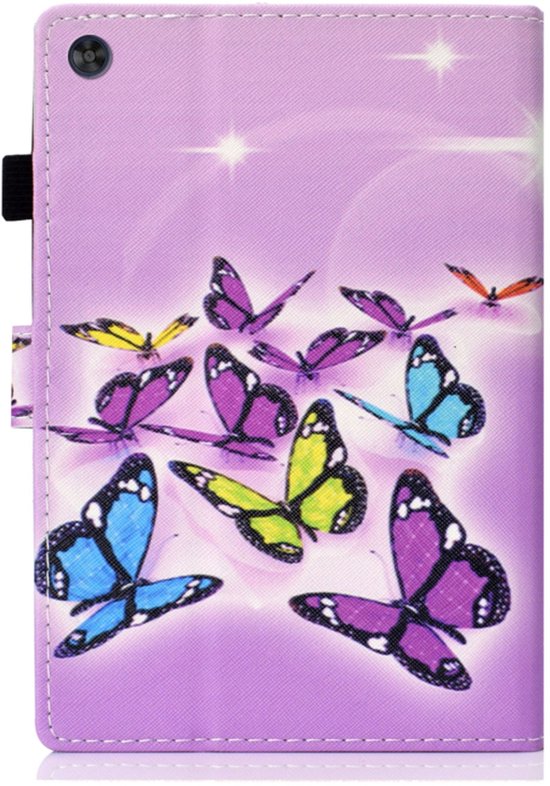 Paarse tablethoes met een print van paarse, blauwe, gele en groene vlinders en glinsterende sterren.