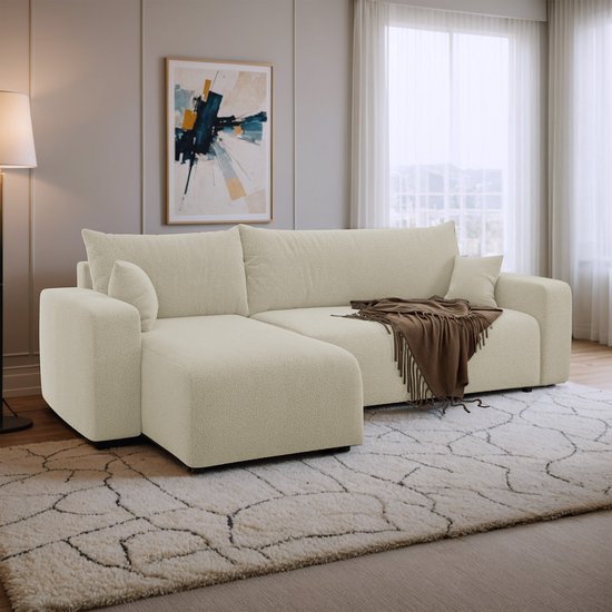 Canapé d'angle avec rangement Romee - Crème - Tissu Teddy - Universel - Gauche ou Droite - Canapé - Canapé convertible - Canapé d'angle - Méridienne - Canapé avec couchage - 3 places