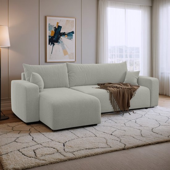 Canapé d'angle avec rangement Romee - Grijs - Tissu Teddy - Universel - Gauche ou Droite - Canapé - Canapé convertible - Canapé d'angle - Méridienne - Canapé avec couchage - 3 places