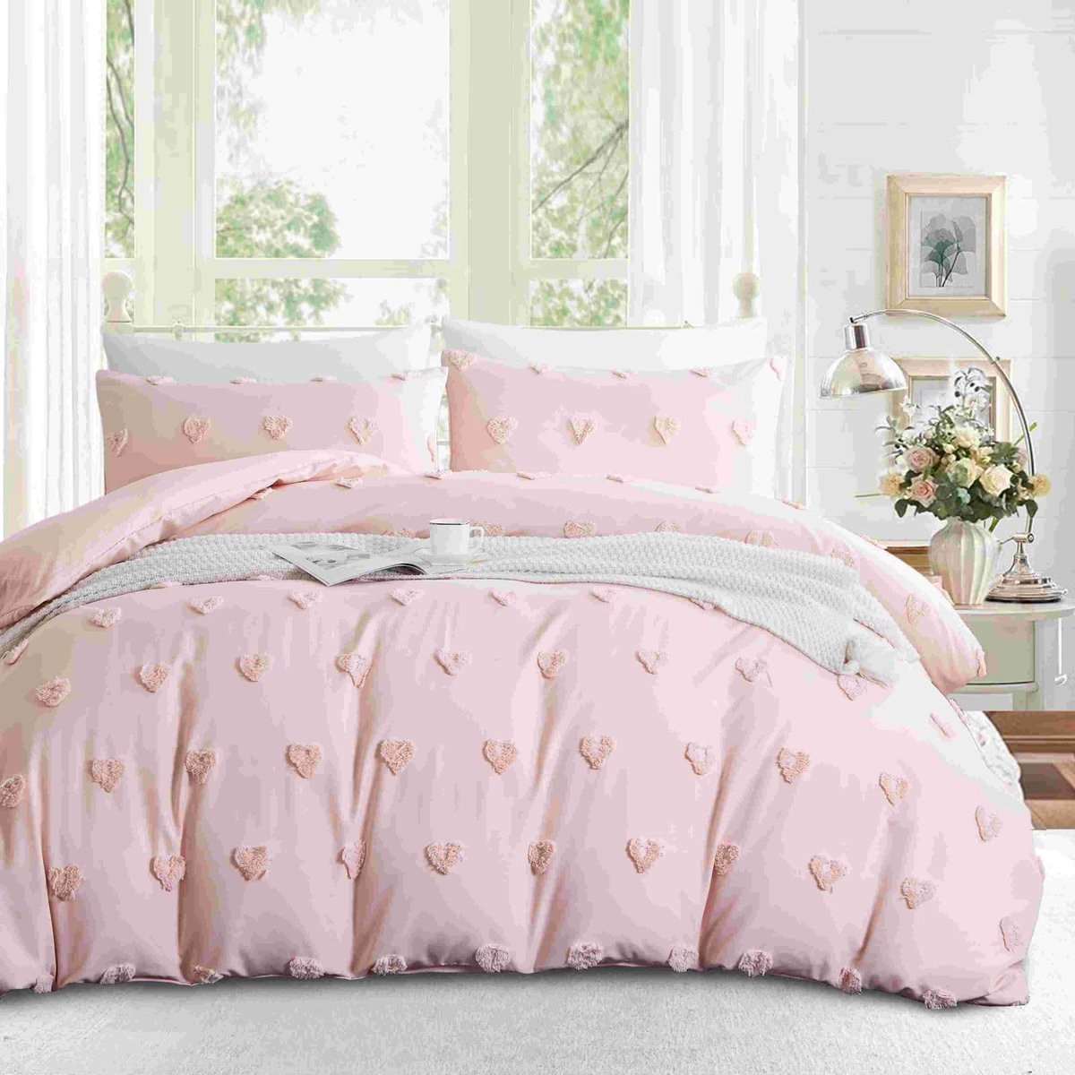 Unyqoos Elegant Bohemien Beddengoedset met Getuft Hartontwerp en Microvezel Zacht Dekbedovertrek roze