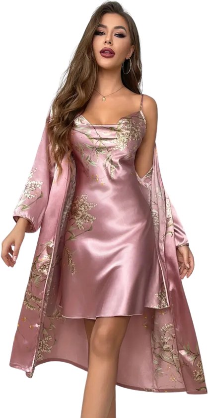 Nivard Satijnen Badjas Dames - Kimono - Kamerjas - Satijn - Ochtendjas - Pyjama - Roze - Maat M