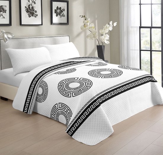 Parure de lit de Luxe - Couvre-lit 220x240 - Kussensloop 2x 50x70 - Wit avec détails de luxe noirs