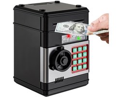 foto van Elektronische Spaarpot Kluis - Kindersafe met PIN-code - Geluid & Licht - Voor Munten en Biljetten - Leerzaam Speelgoed - kinderspaarpot - kind atm - Zwart