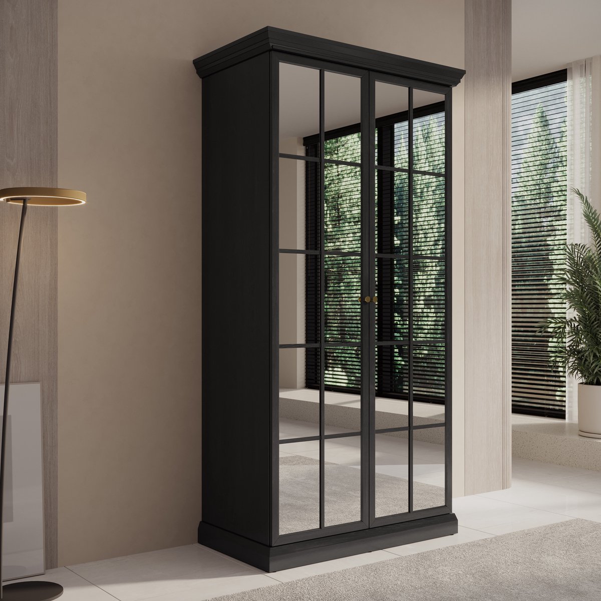 Meubella - Kledingkast Leroy - Zwart eiken - 102 cm - Met spiegel