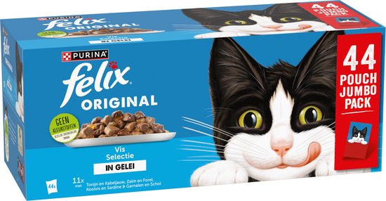 Felix Original in Gelei Vis Selectie 44 pouch jumbo pack. Met een zwart-wit kat die kwijlt.