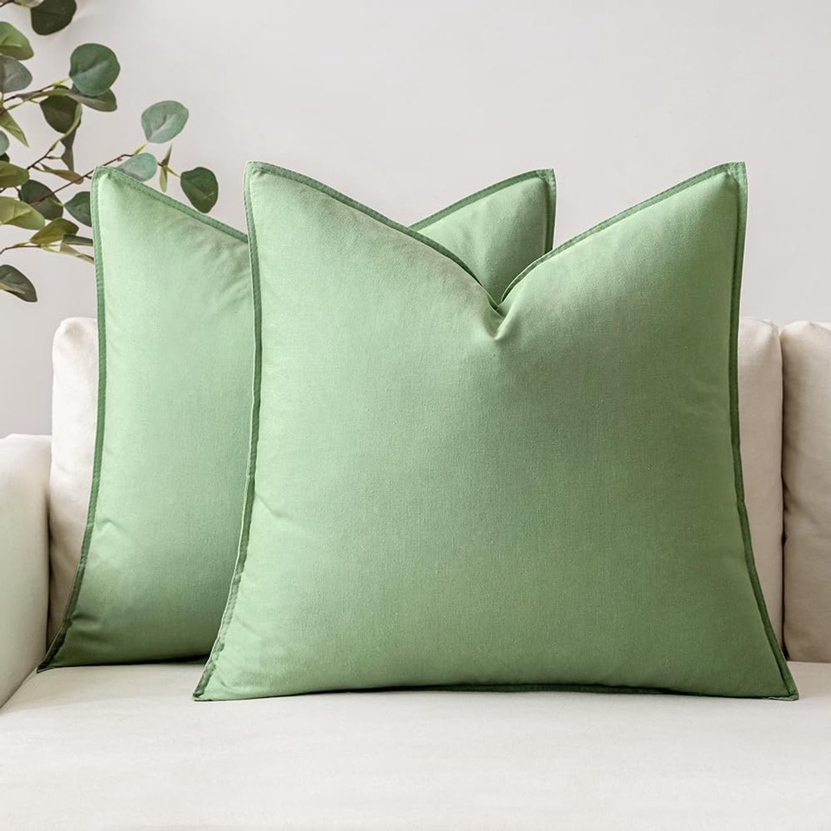 Ibenzoa Premium Organic Cotton Linen Cushion Cover Set - Light Green, 45x45cm - Two Pieces Lichtgroen