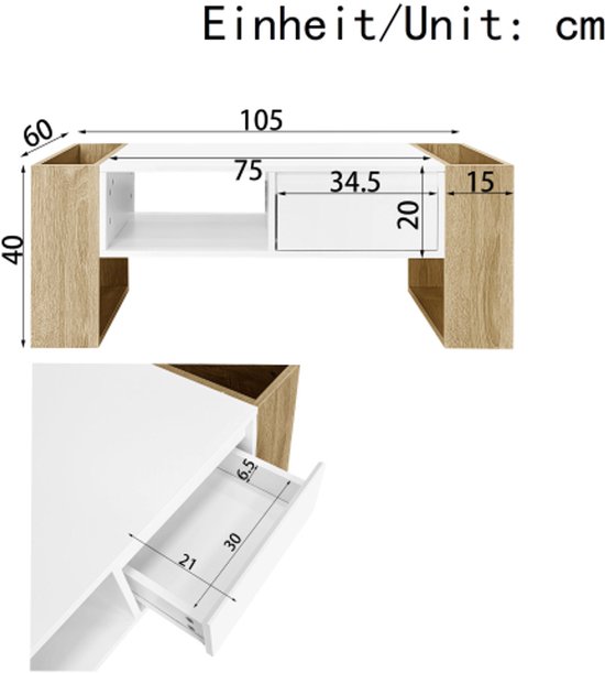 Apprendrelogic. Table basse moderne 105 x 60 x 40 cm - partiellement brillante, avec tiroirs et compartiments ouverts