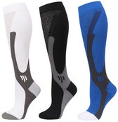 3 Paar Compressiekousen – Voor Sport & Herstel - Unisex - Zwart, Blauw, Wit - Maat (42 - 46)