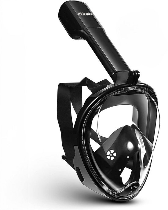Zwart WVspecials snorkelmasker met doorzichtige voorkant en zwarte snorkelbuis.