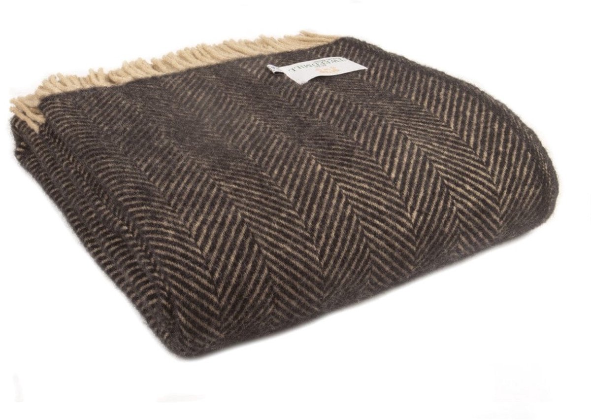 Plaid Visgraat Zwart met Lichtbruin (Vintage) - 150x183 - Nieuw Wol - Tweedmill UK