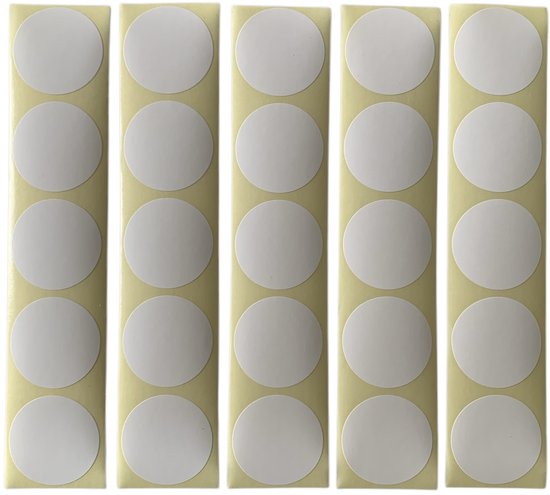 Cinq feuilles de cinq autocollants ronds, blancs et brillants sur une feuille crème. Diamètre 2,5 cm.