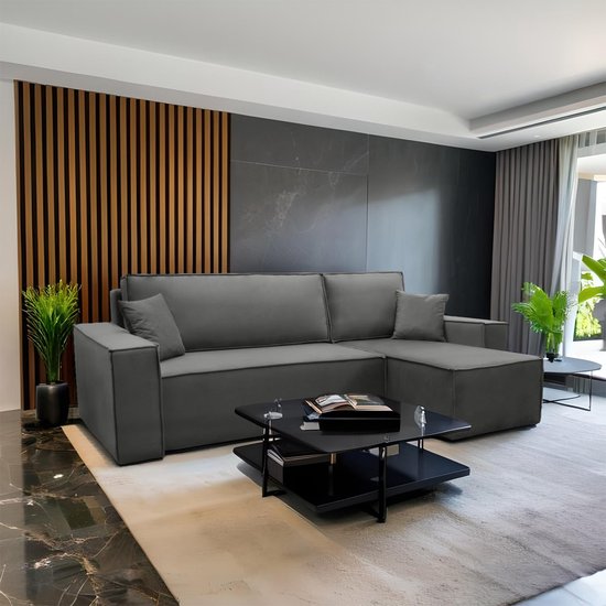 Hoekbank met opbergruimte Frenkie – Antraciet – Velvet stof – Zetel – Slaapbank – Universeel – Links of Rechts – Hoekzetel – Chaise longue – Zetel met slaapgedeelte – 3 zits