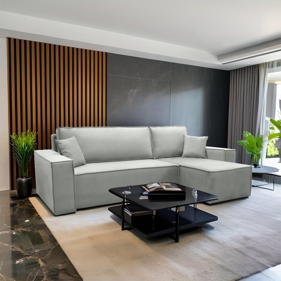 Canapé d'angle avec rangement Frenkie - Grijs - Tissu velours - Canapé - Canapé convertible - Universel - Gauche ou Droite - Canapé d'angle - Méridienne - Canapé avec couchage - 3 places