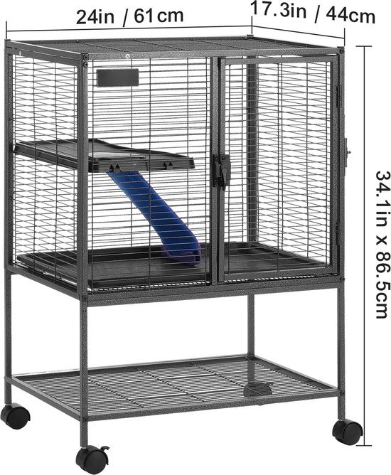 Grijze metalen dierenkooi met twee verdiepingen, blauwe helling, met afmetingen 24" x 17.3" x 34.1".