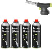 HENDI Koksbrander – ergonomisch ontwerp – piëzo-ontsteking – nauwkeurige vlamcontrole – + 4 Butaan Gasflesjes