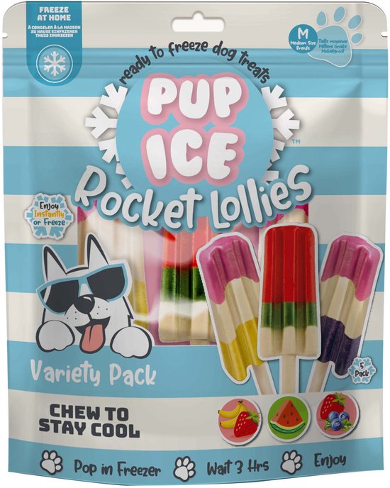 Pup Ice Hondenijs Raketjes Voordeelpak met 5 stuks in verschillende kleuren en fruitafbeeldingen.