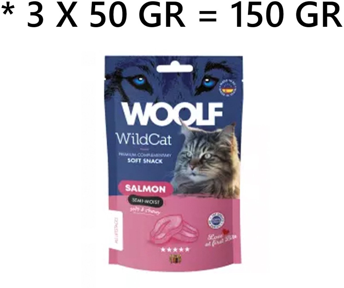 ** 3 x ** Woolf - Wild Cat - salmon 50 gr - kattensnack soft en shewy - 100% natuurlijk 3 x 50 gr = 150 gr