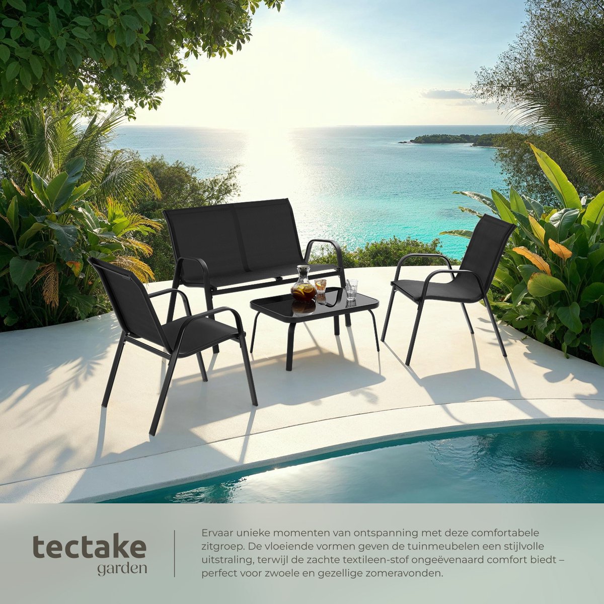 tectake® Tuinset Nora - Moderne Zitgroep voor 4 Personen - Loungeset met Tuinbank en 2 Tuinstoelen van Ademend, Waterafstotend Textileen-Weefsel - Balkonset Met Bijzettafel - Zwart – foto 8