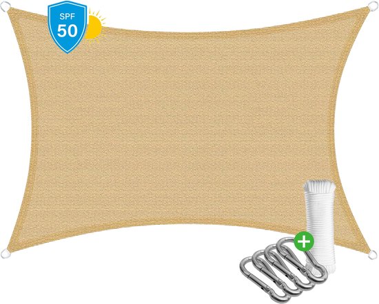 Travelhawk Schaduwdoek Rechthoek - 2 x 3 Meter - HDPE Materiaal - Schaduwdoeken - Schaduwnet - Zonwering Incl. Touw en 4 Karabijnhaken - Beige