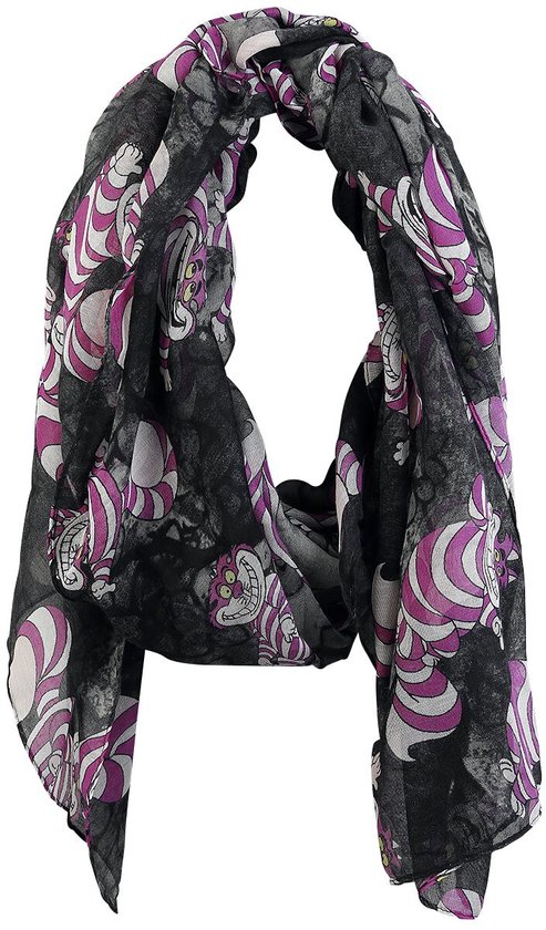 Een gevouwen sjaal met een paars en wit gestreepte Cheshire Cat print op een zwarte achtergrond.