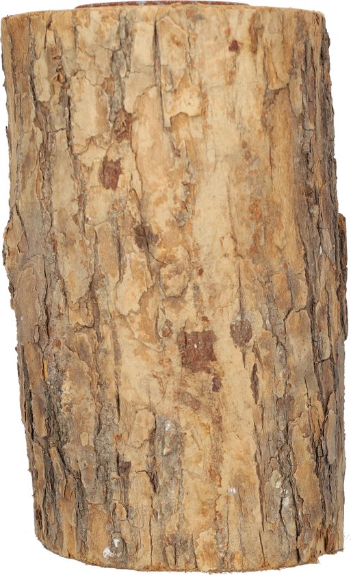Houten kaarsenhouder met ruwe bast, ingebouwd metalen cupje.