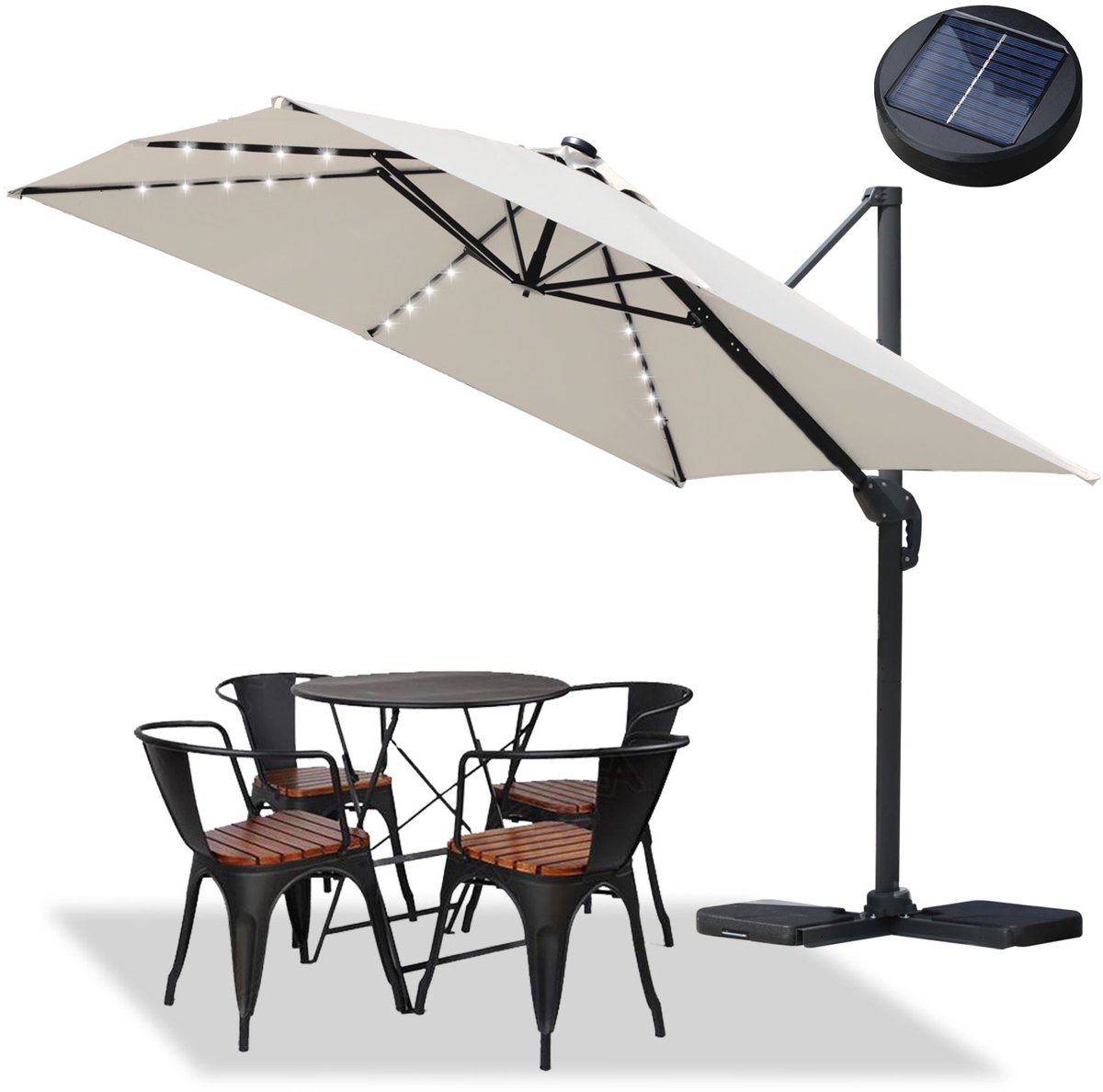Vrijdragende parasol met Ø3m zonnescherm, UV 50+ bescherming, 360° rotatie, verstelbare kanteling, zwengel, LED verlichting - Beige